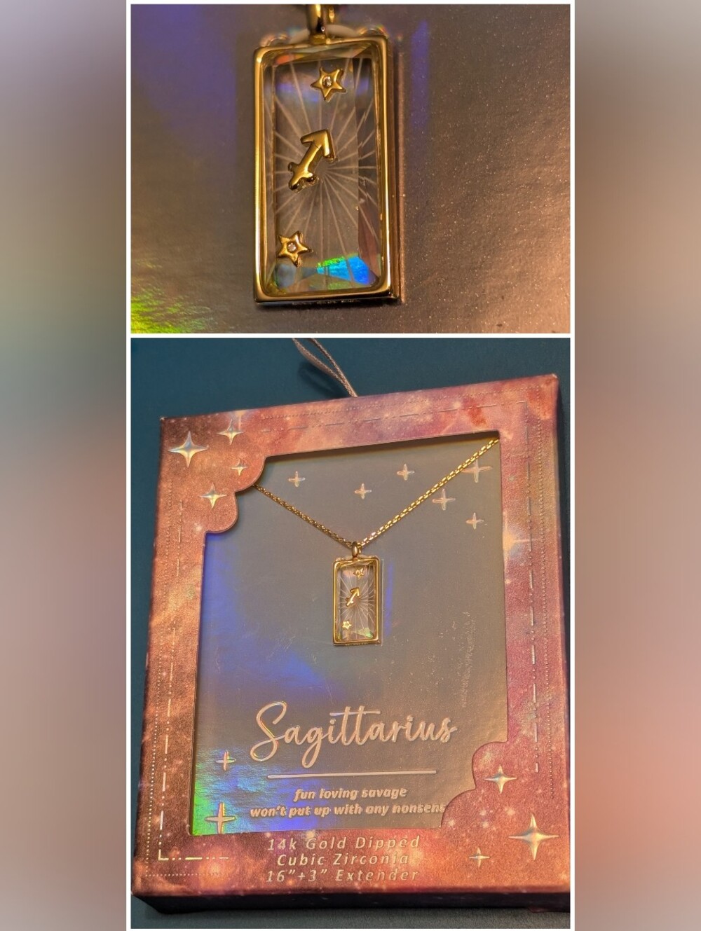 Sagittarius 14K Gold Dipped Pendant Necklace, 16"+3"Extender, Cubic Zirconia